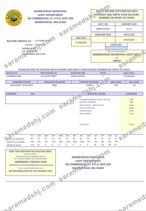 USA Marblehead Municipal Light Department business utility bill template in Word and PDF formats